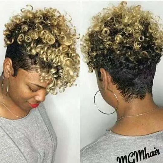 Woman wearing a short synthetic wig with rolled curls in Kanekalon fibre, shown in brown colour.