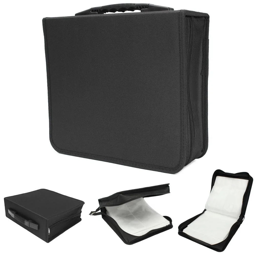 Black Oxford fabric CD DVD storage organiser bag with top carry strap and zipper closure