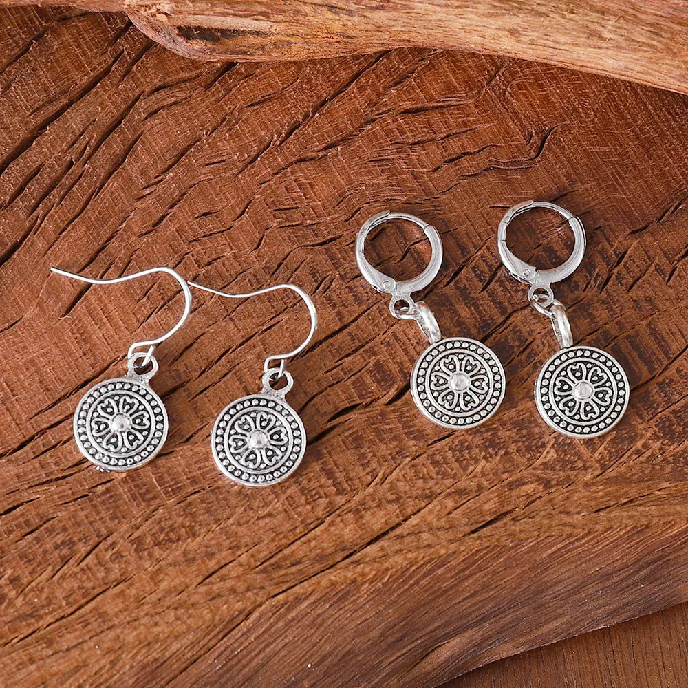 Bohemian retro geometric earrings with distressed ethnic detailing and round print design in zinc alloy