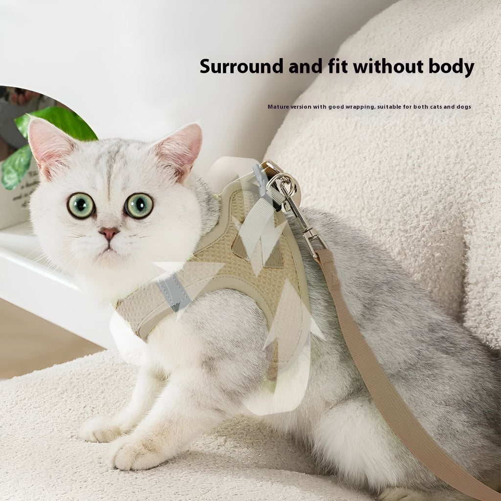Waffle pattern cat harness chest strap in brown, green, or purple colour options