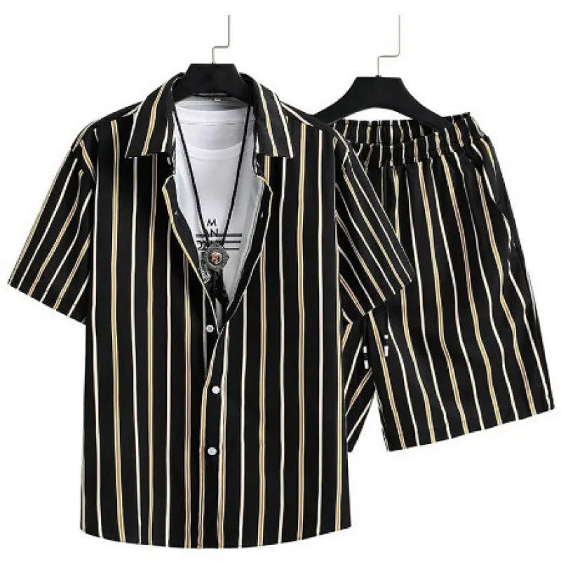Men's digital print cardigan and matching shorts suit set in polyester fabric.