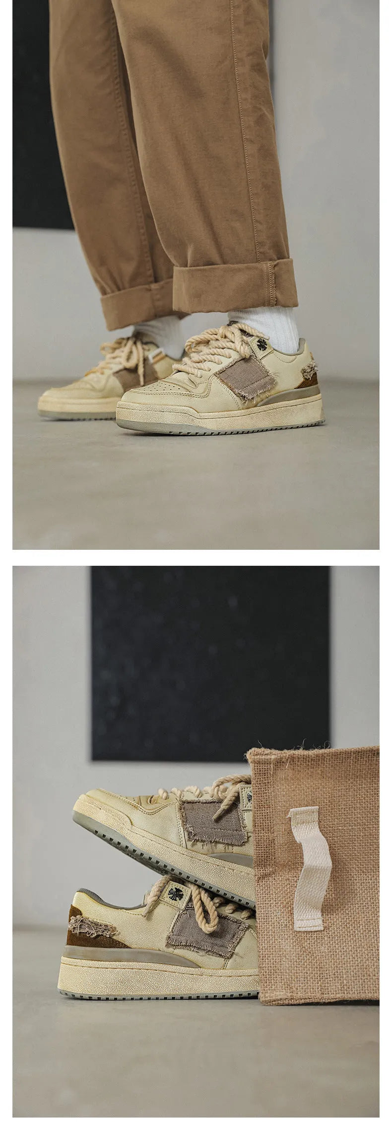 Beige vintage skateboard shoes with patch design, low-top cut, and round toe