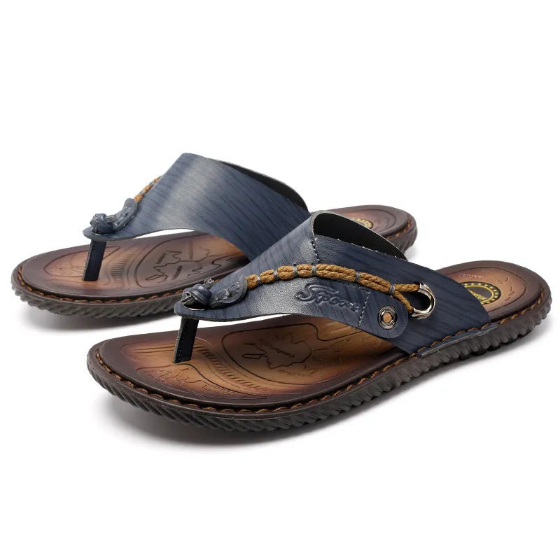 Men's plus size outdoor slippers with herringbone pattern in dark blue and khaki colours