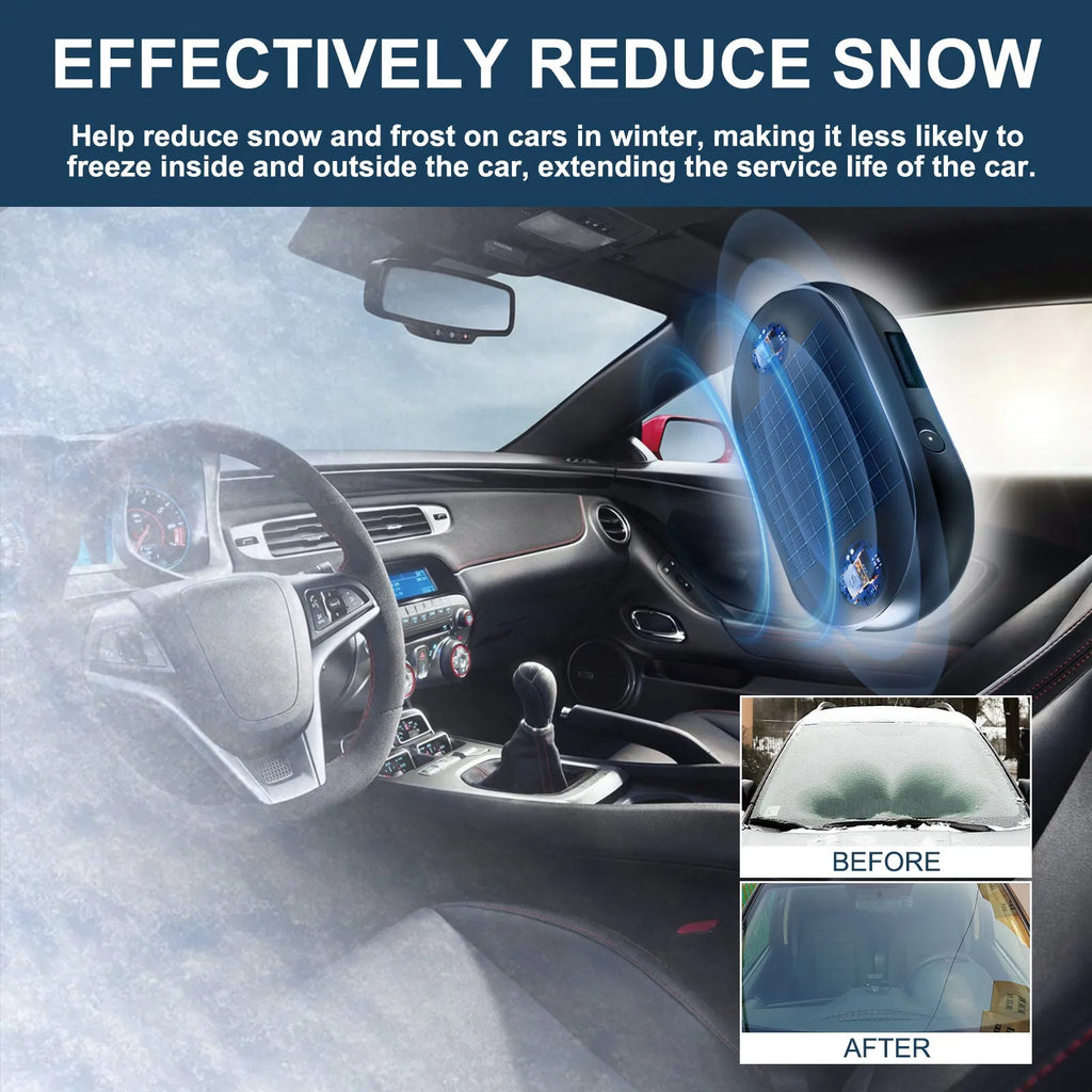Portable anti-freezing tool for car windshield and rearview mirror, compact size 5x2.6x1.5cm, with double-sided tape base