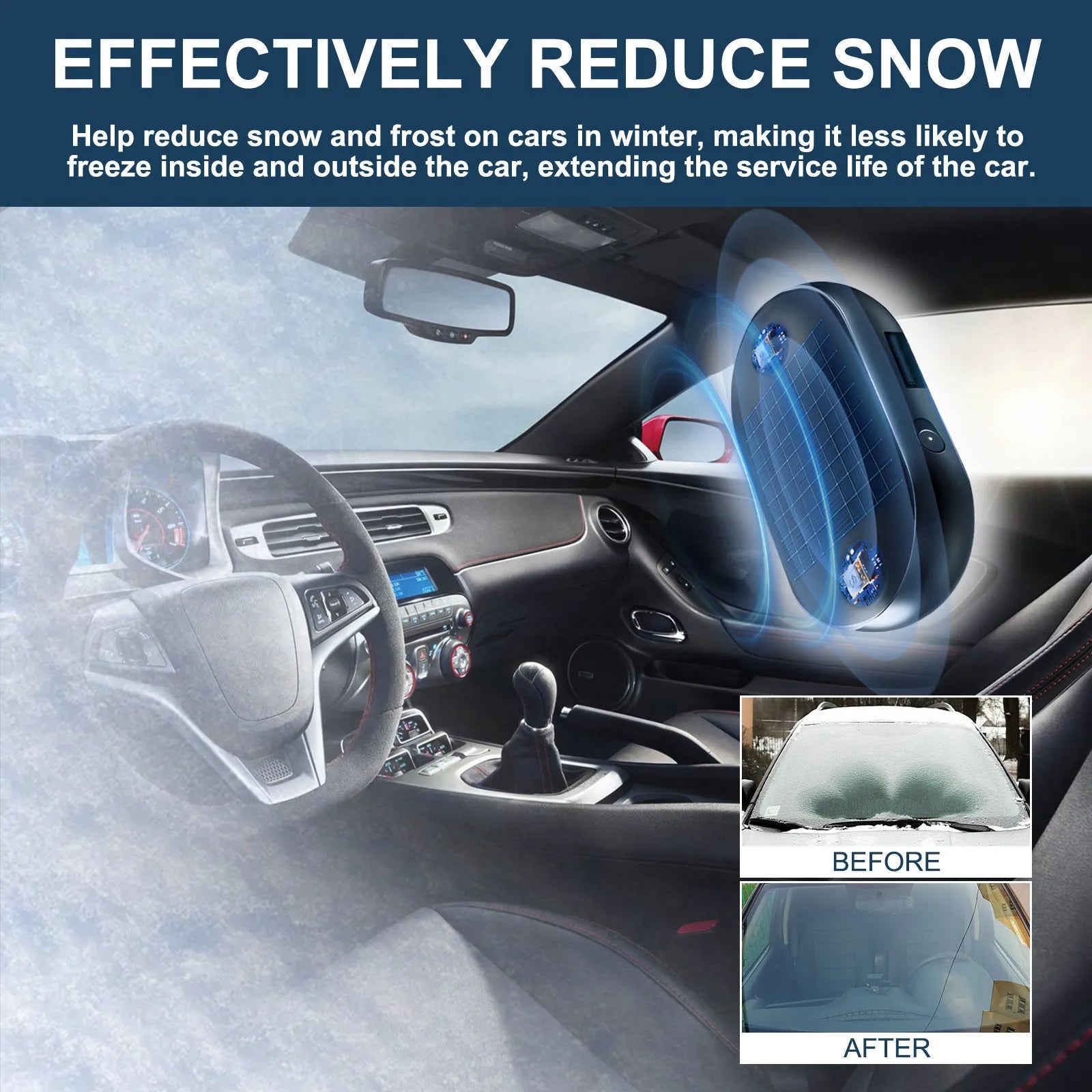 Portable anti-freezing tool for car windshield and rearview mirror, compact size 5x2.6x1.5cm, with double-sided tape base