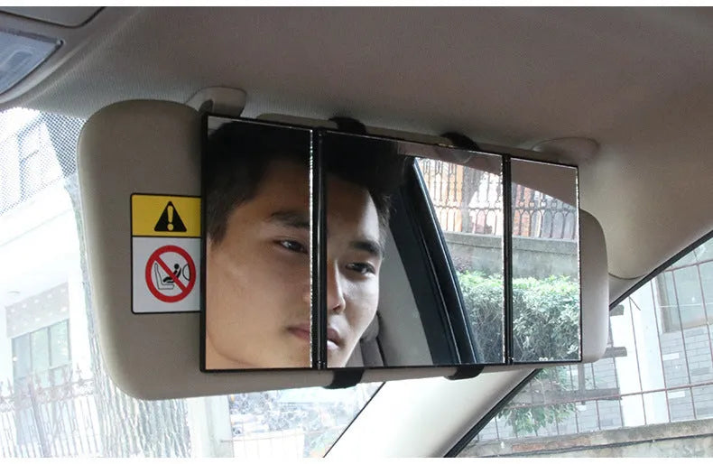 Silver car folding makeup mirror shown both closed and open positions