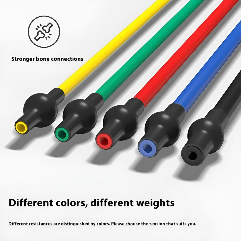Adjustable chest expander with TPE tension rope showing five colour options for different resistance levels
