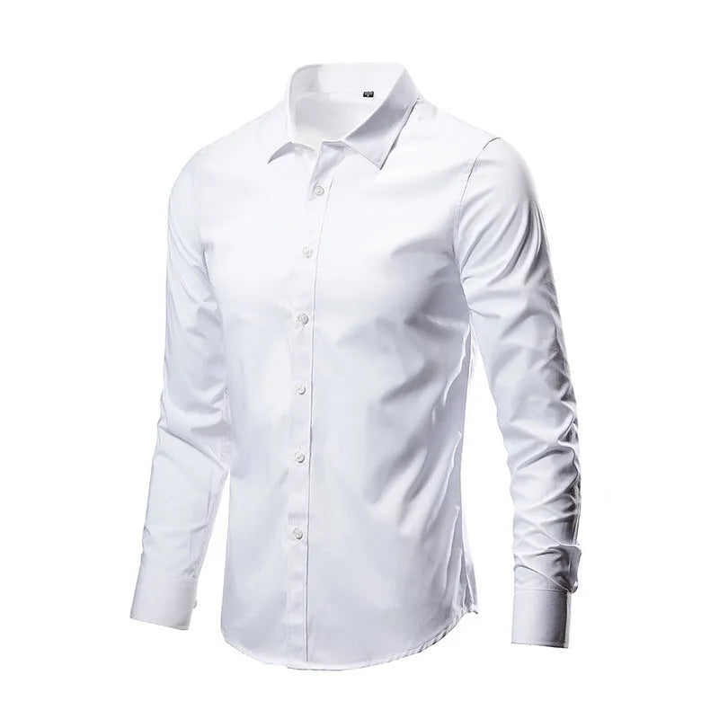 Long sleeve linen shirt in a loose fit, shown in a solid colour, with a button front and standard collar.