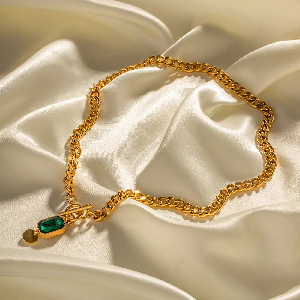 Gold geometric emerald zircon pendant necklace with titanium steel Cuban link chain