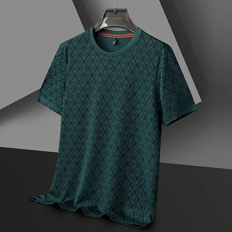 Man wearing a loose-fit ice silk jacquard short sleeve top in a solid colour.