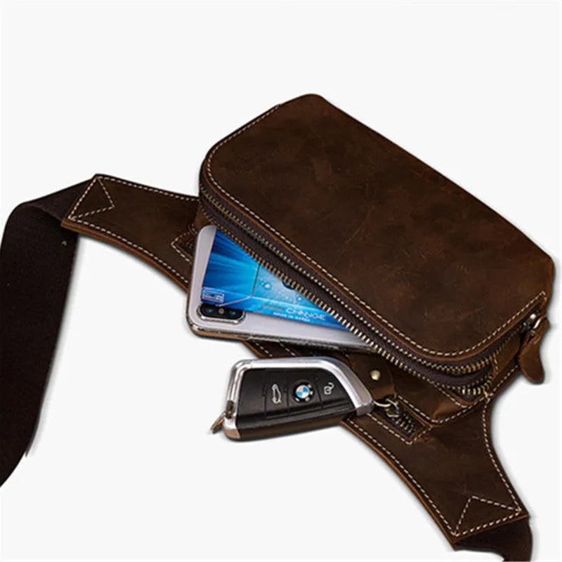 Brown cowhide sports waist bag with phone compartment and laptop space