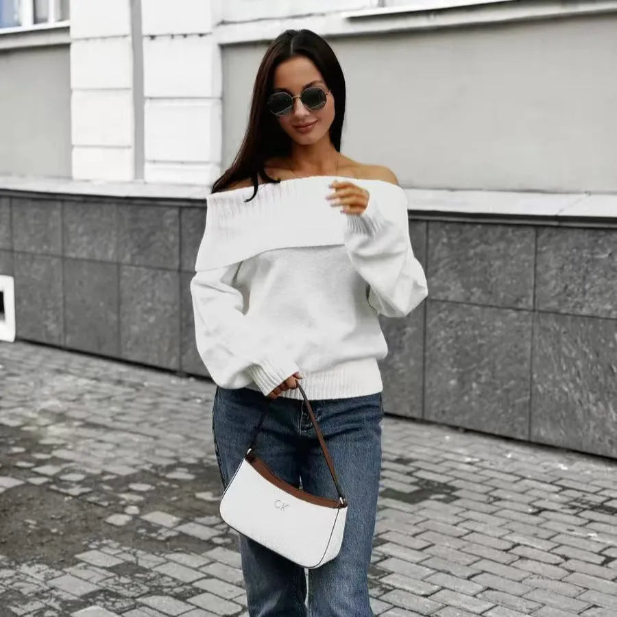Off-the-shoulder grey sweater with 3D pattern effect and regular sleeves