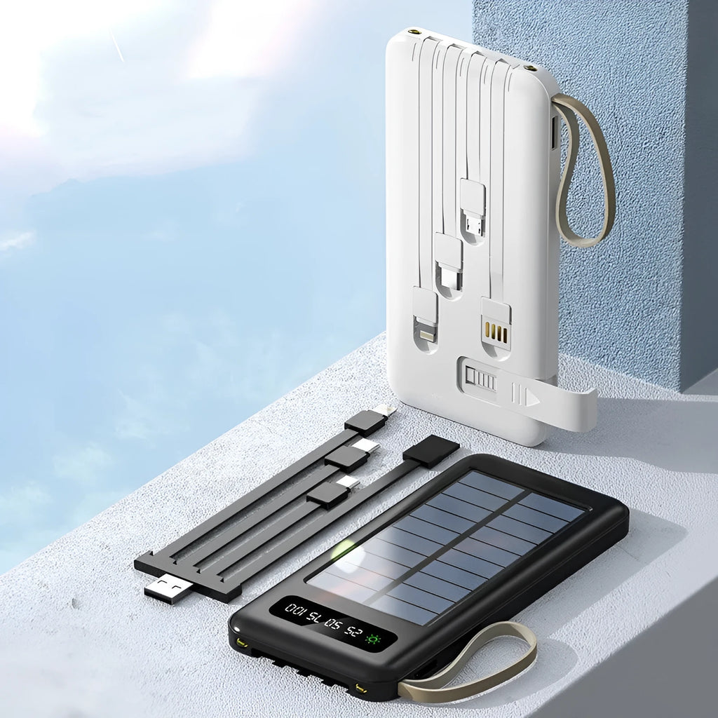 Cool black and ivory white solar power bank showing front view with USB ports and solar panel line.