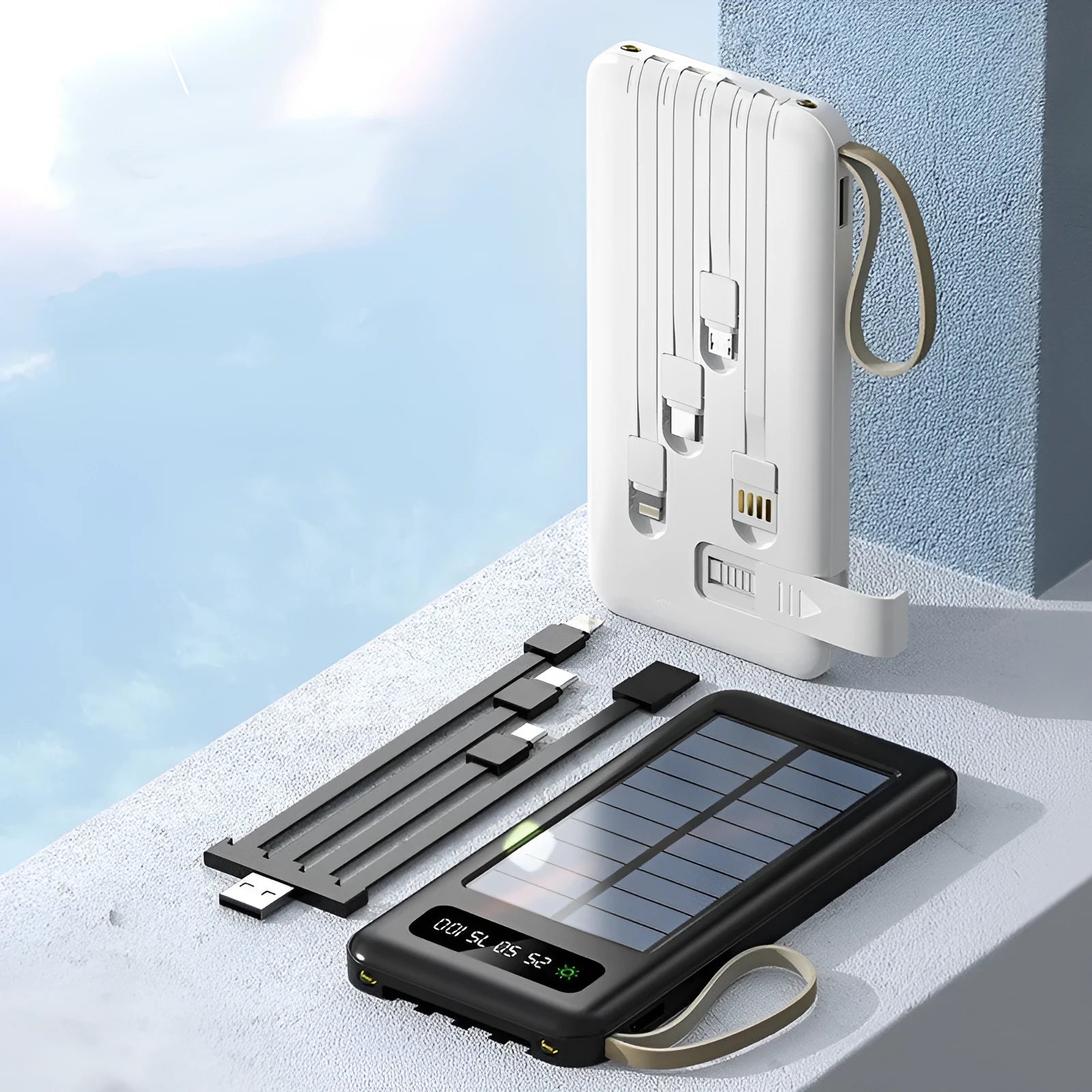 Cool black and ivory white solar power bank showing front view with USB ports and solar panel line.