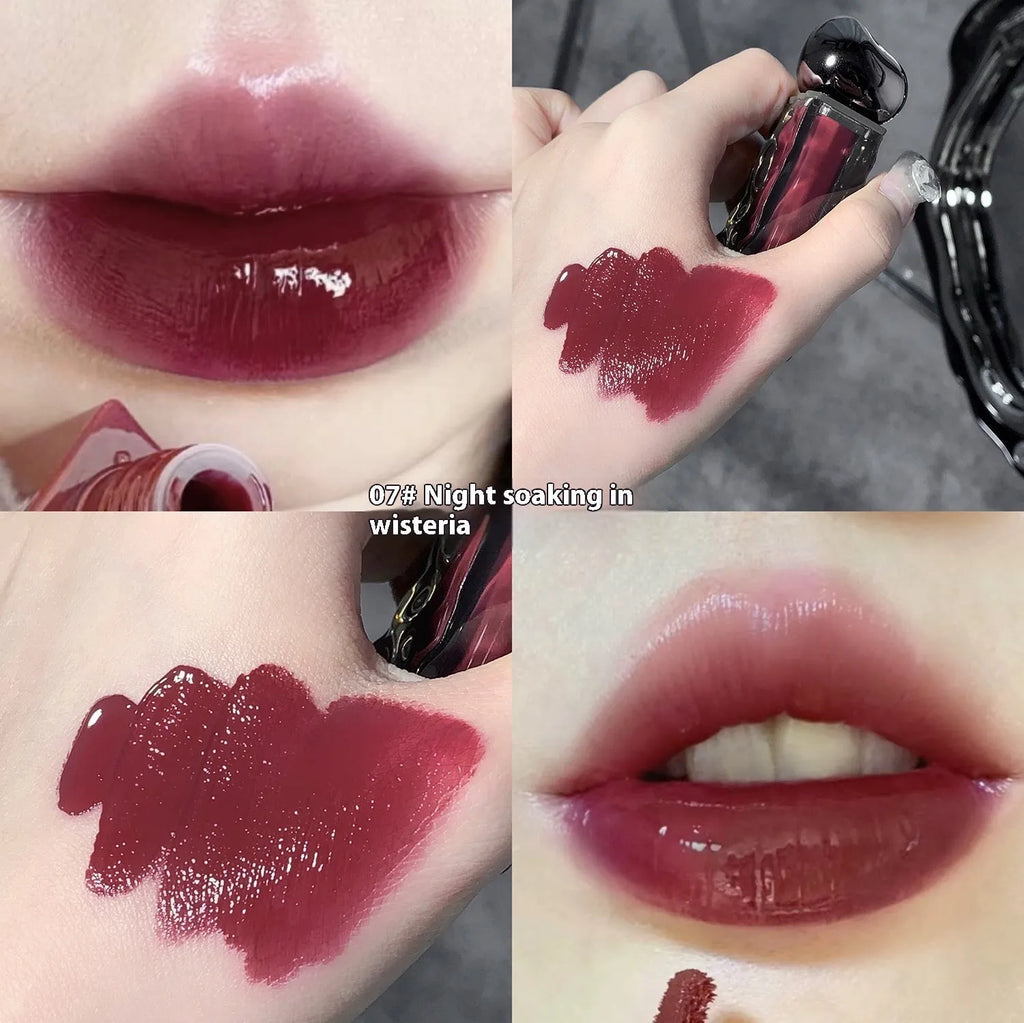 Glacier Lava Lip Lacquer cosmetic product in 7 colour options with mirror applicator