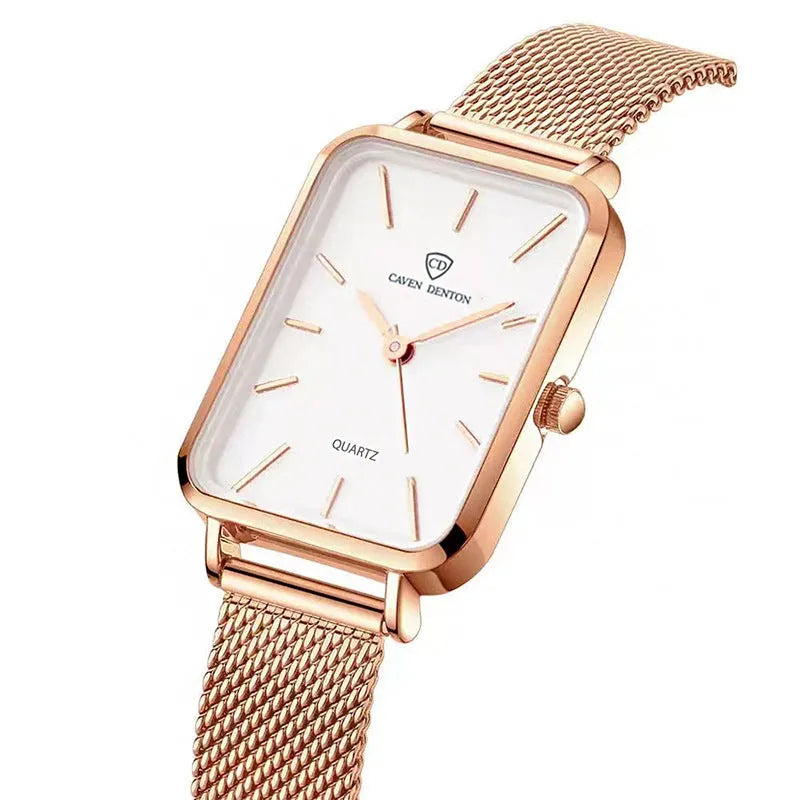 Women's waterproof quartz watch with alloy case and woven steel bracelet in rose gold or silver colour
