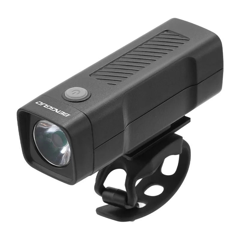 USB rechargeable bicycle headlight mounted on handlebars with quick release strap bracket