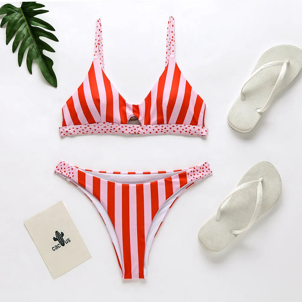 Women's bikini swimsuit set in polyester fabric showing black and white dots and red and white stripes colour options.