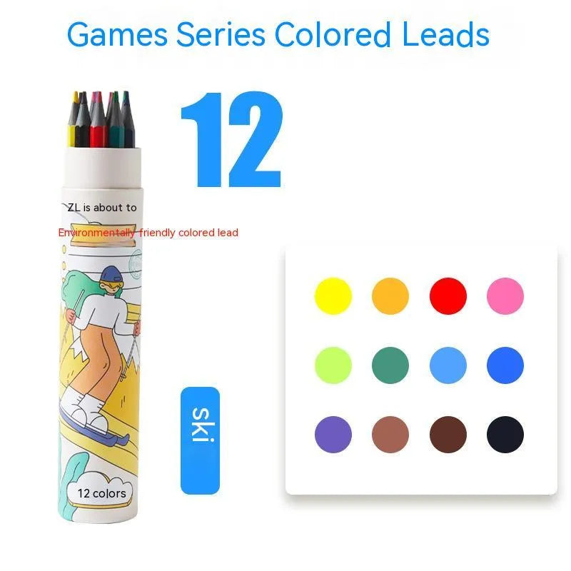 Zhenglin Sports Series colour pencils showing paper barrel construction and multiple colour options