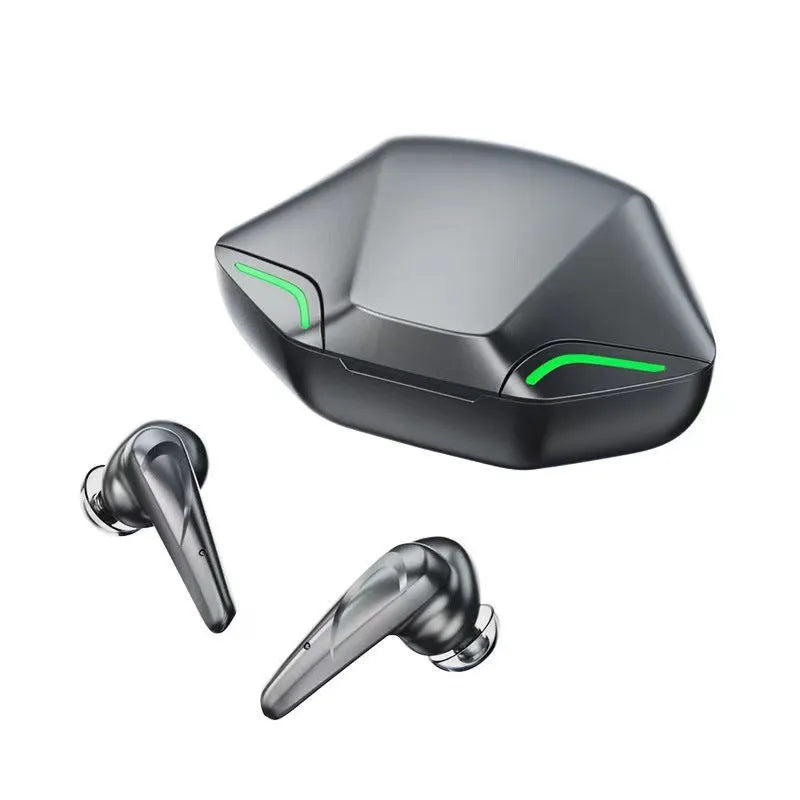 Wireless Bluetooth gaming headset with compact charging case in black, grey, white, or yellow colour options.