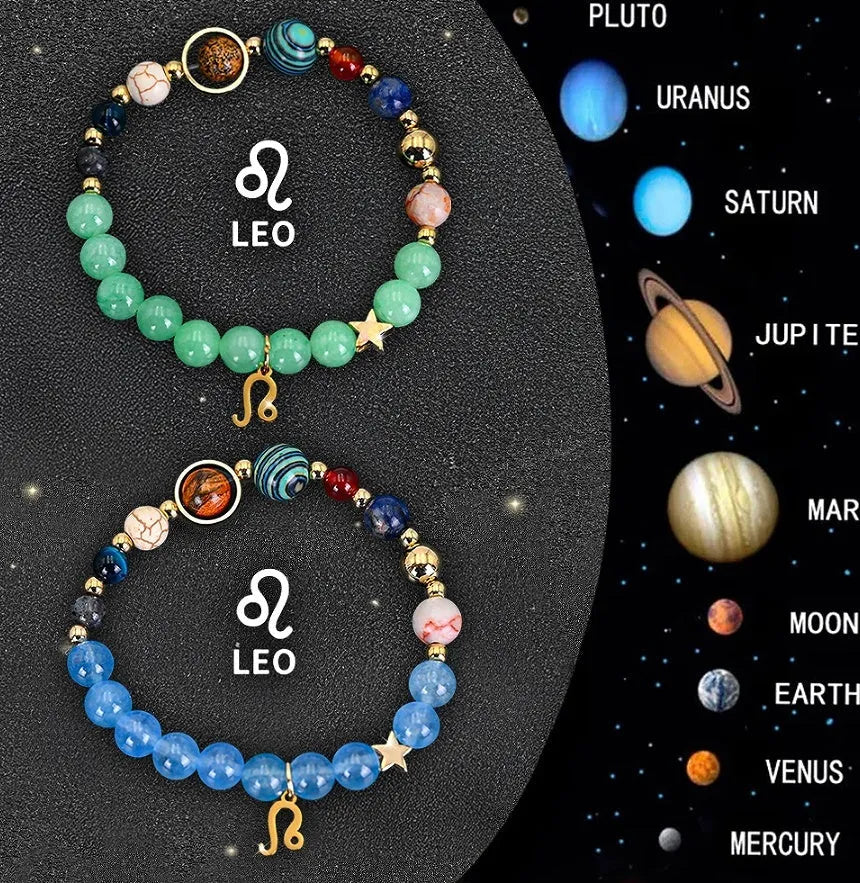 Pair of handmade natural stone beaded bracelets with zodiac sign designs on a textile background.