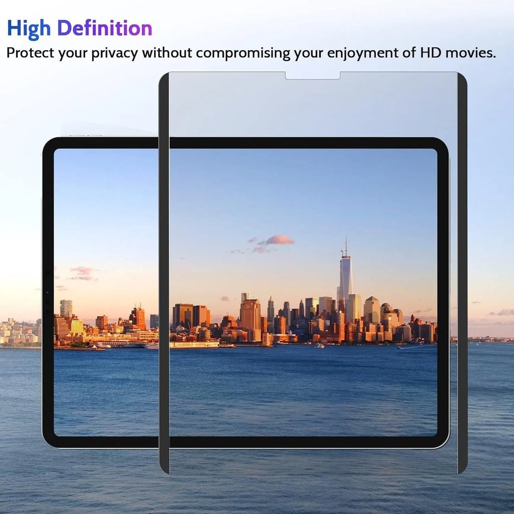 Magnetic iPad privacy screen protector with storage clip on an iPad Pro