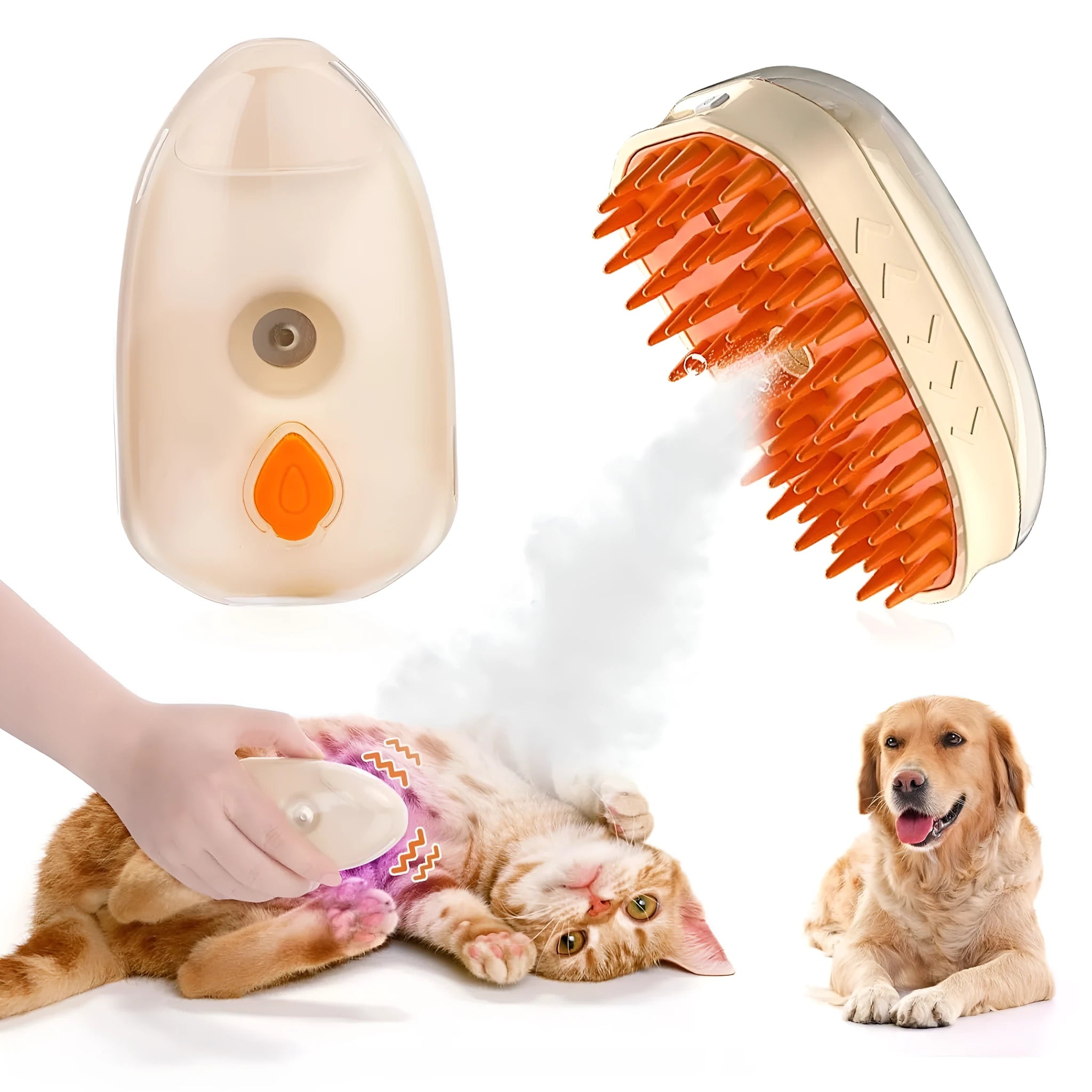 Yellow 4-in-1 cat steam brush with silicone grooming head and ringworm detector