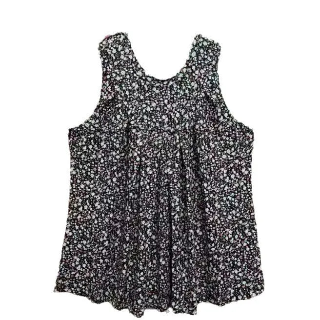 A woman's plus-size black sleeveless vest with a floral print, featuring a round neck and loose fit.