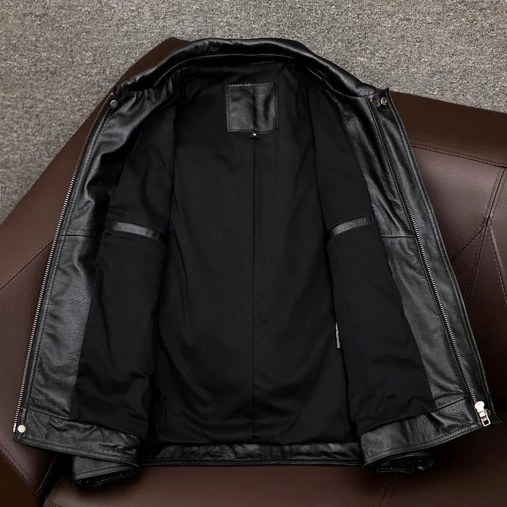 Men's black plus size PU leather jacket with lapel collar and side pockets on a hanger.
