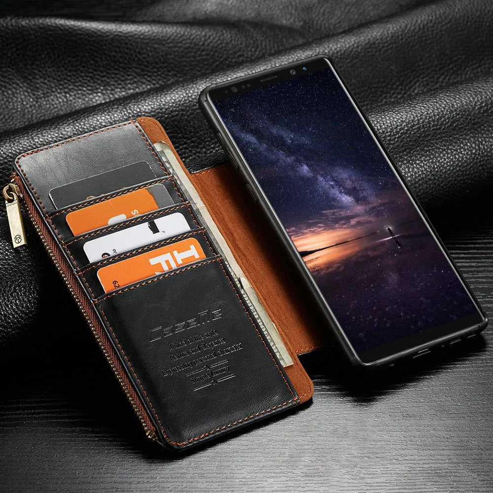 Black leather flip phone case for SAMSUNG Note9 showing front and back coverage