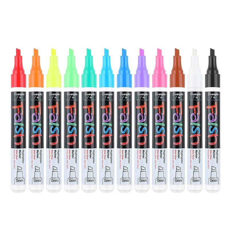 Electronic fluorescent board highlighter pen with plastic shell and oblique 6mm tip, shown with 8-colour refill set.