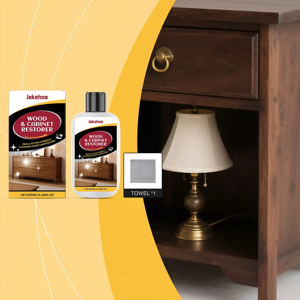 Wooden furniture scratch care solution kit showing 100ml bottle and microfibre towel for surface maintenance