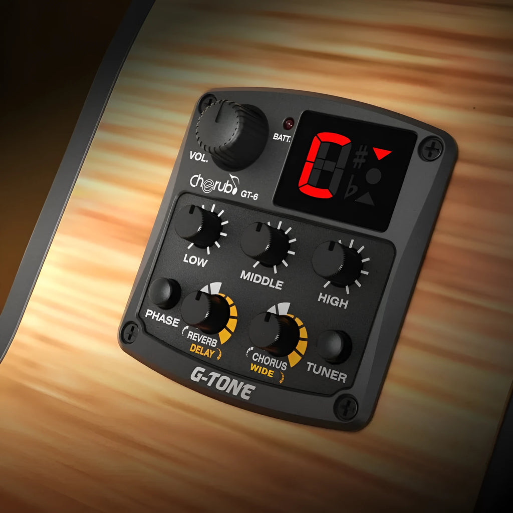 Cherub GT-6 black acoustic guitar EQ equaliser and piezo pickup system with control knobs