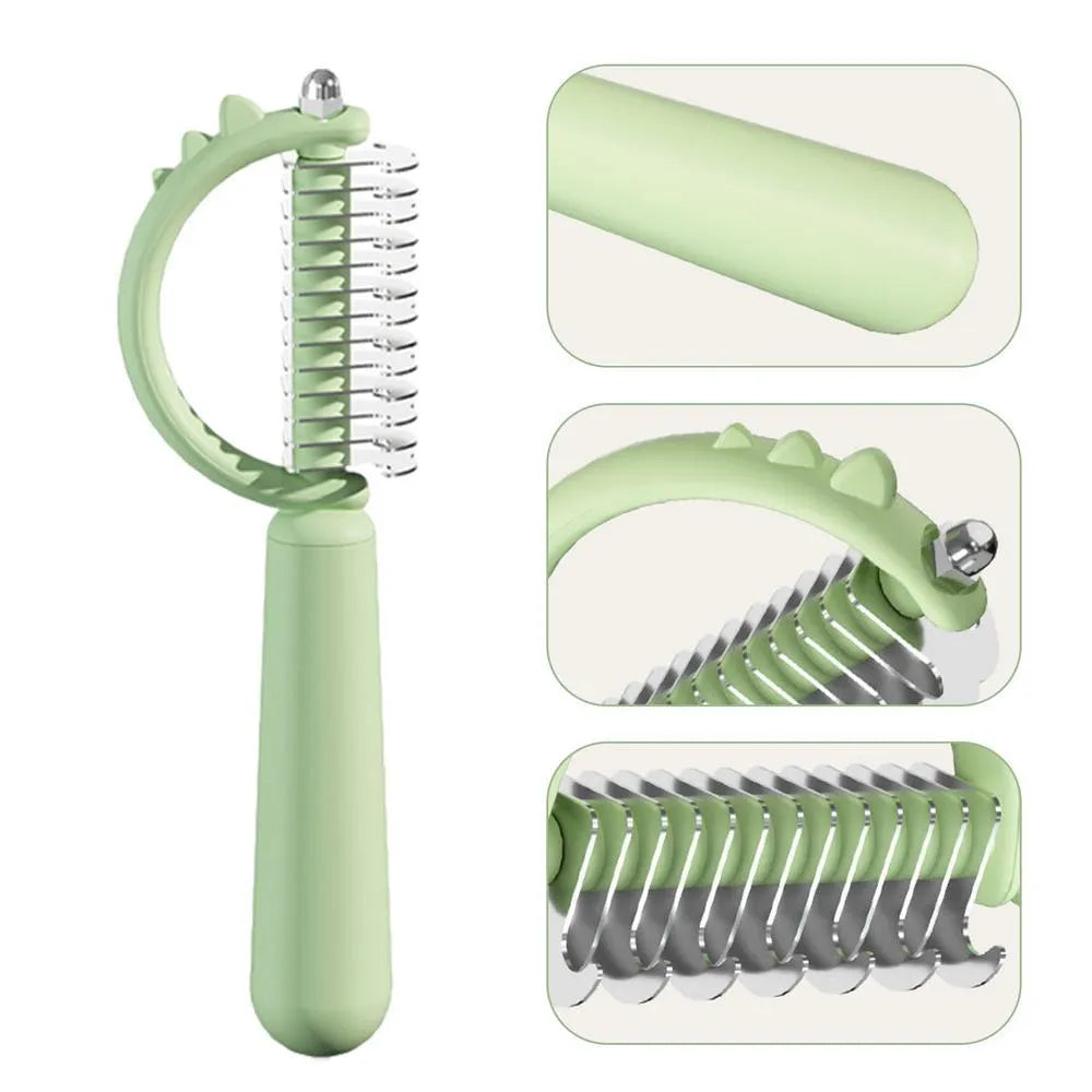 Blue dinosaur-shaped pet brush with a self-cleaning button and double-sided stainless steel bristles.
