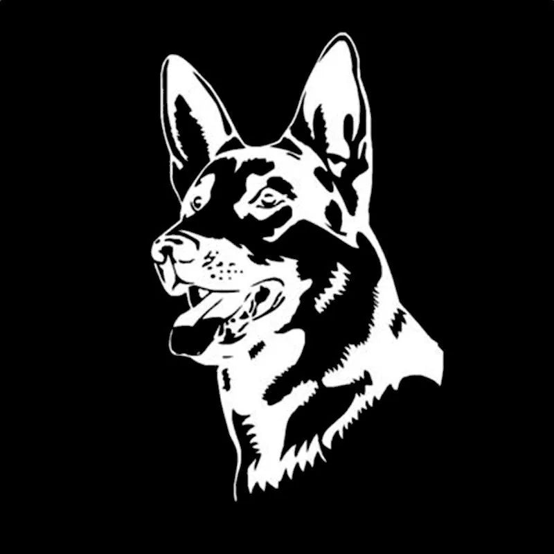 Reflective Alsace Shepherd dog breed bumper sticker on a car, showing silver white colour option.