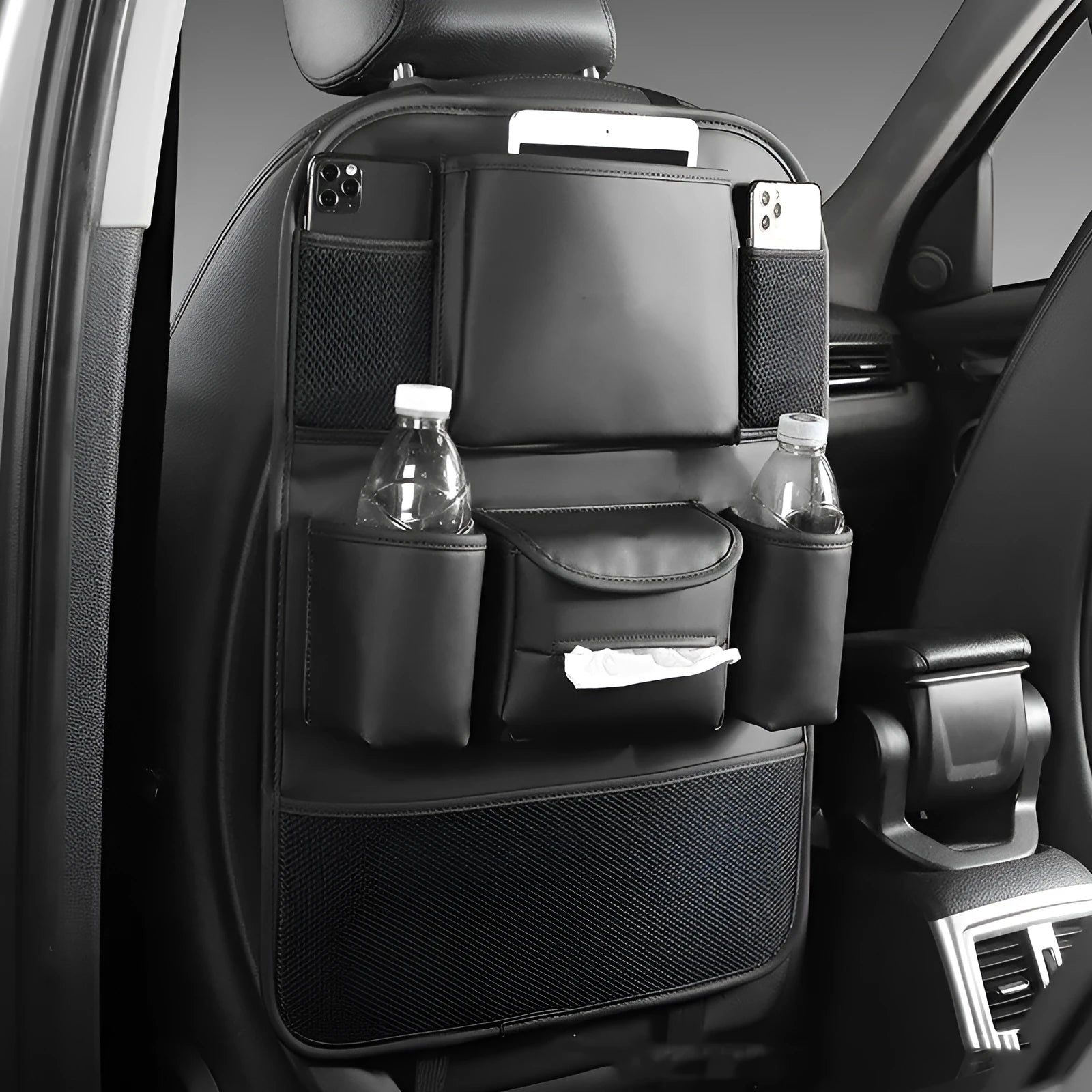 Leather car seat back storage bag in colour options of black, grey, green, and brown for hanging vehicle organisation.