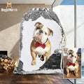 Custom purple sequins backpack with a printed dog photo and drawstring opening.