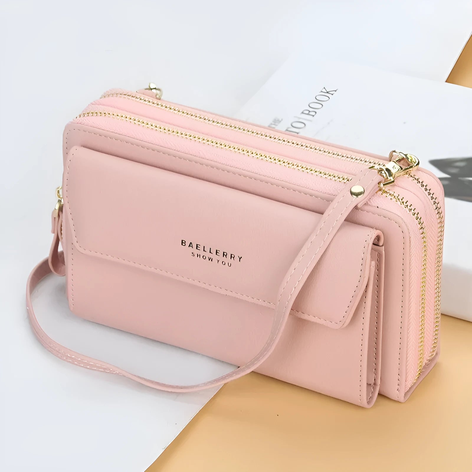 Soft PU leather ladies long wallet messenger bag with double zipper in horizontal square shape