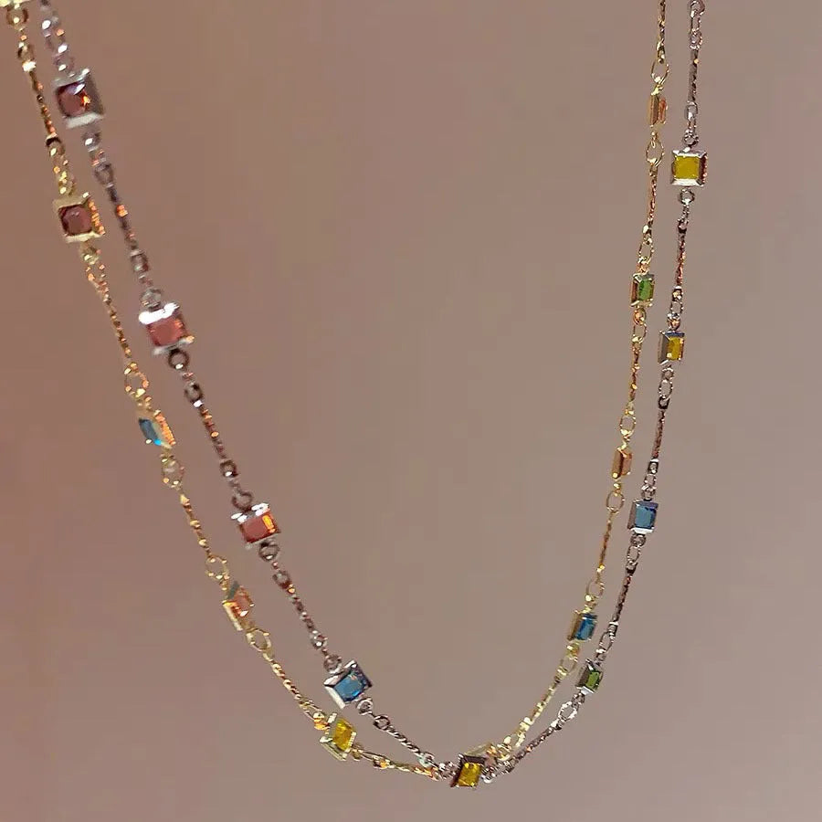 Square colour clavicle chain necklace with geometric quadrilateral shape and artificial crystal material