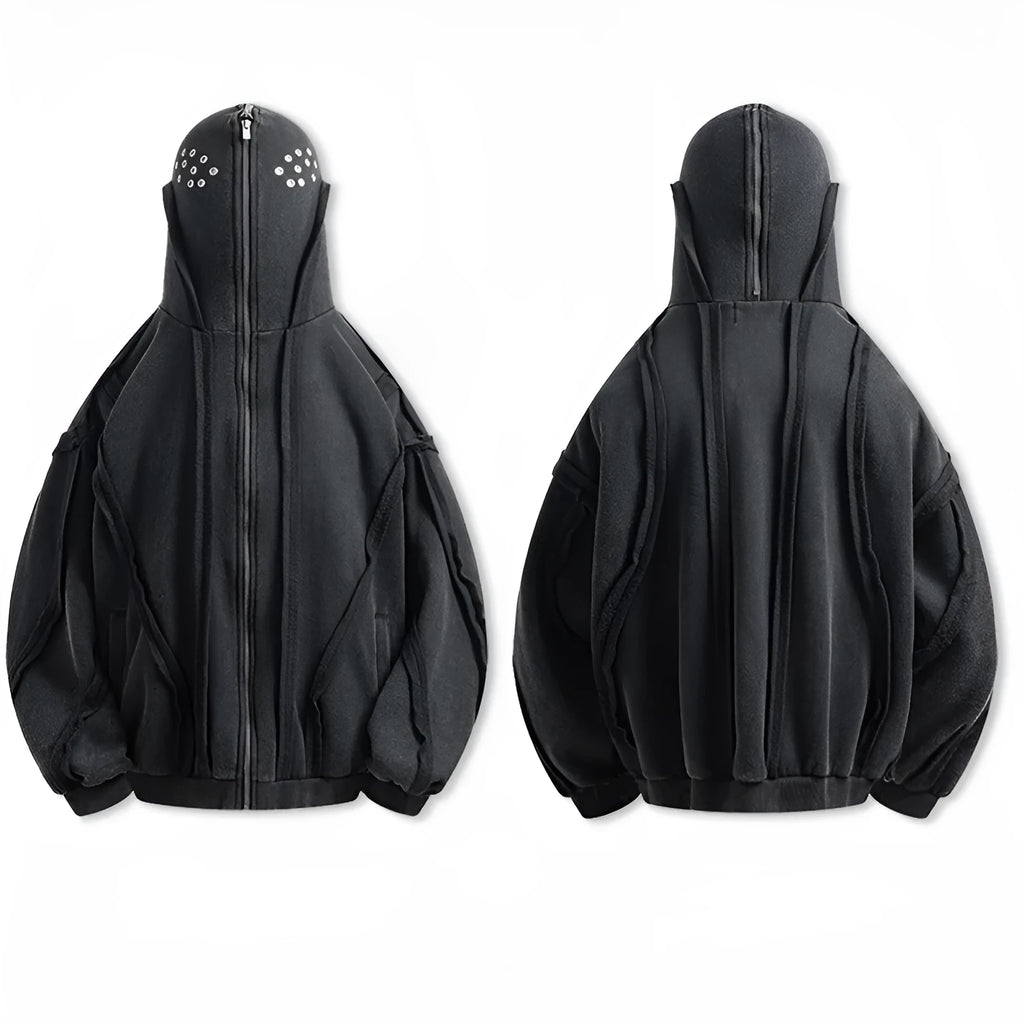 Black loose-fit cotton zip hooded coat with an abstract pattern and light padding.