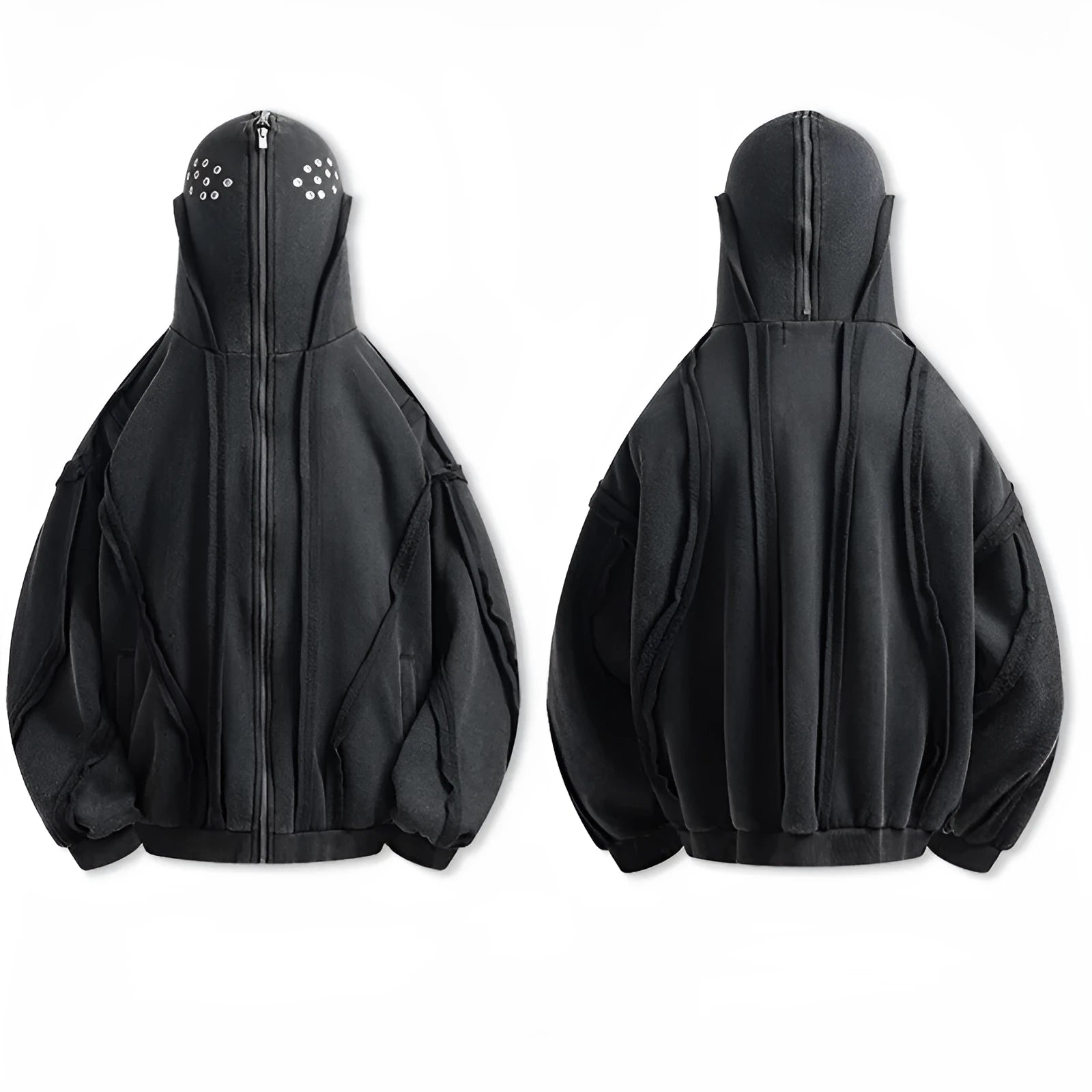 Black loose-fit cotton zip hooded coat with an abstract pattern and light padding.