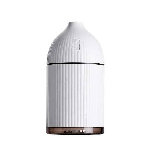 White ultrasonic aromatherapy diffuser with LED light and 300ml water capacity, measuring 80x80x155mm