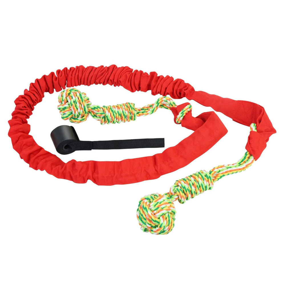 Cotton thread dog tug-of-war rope toy shown in red colour on a plain background.