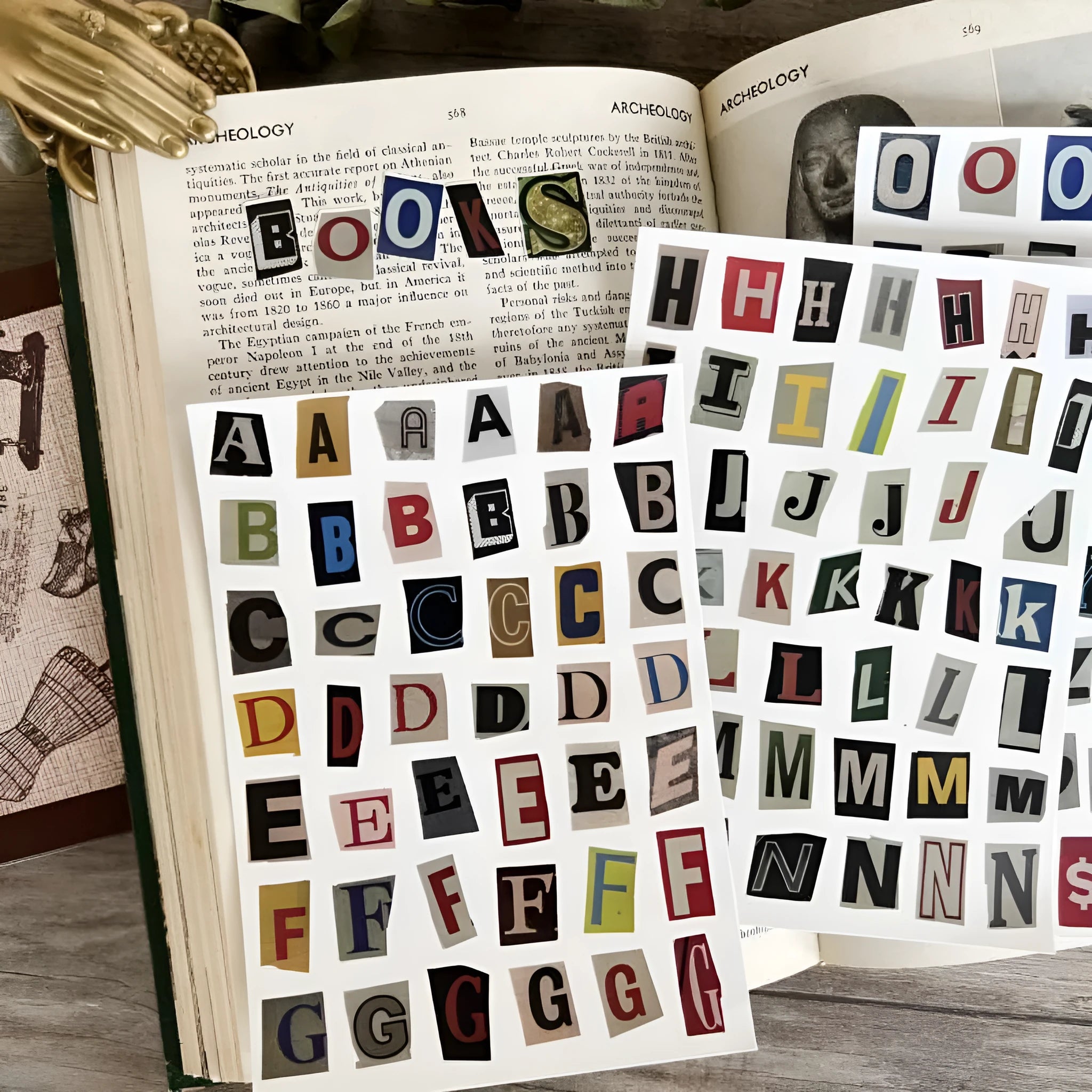 Set of cute style printed stickers showing English letters A, B, C, D, E and weekly words on a sheet.
