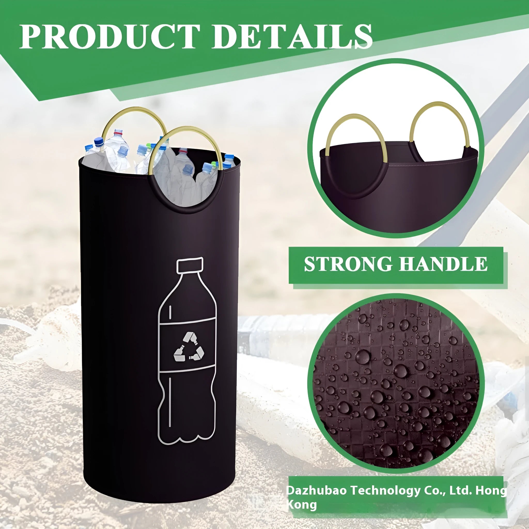 Round plastic portable waste bin measuring 38cm wide by 72cm tall, shown with a liner bag.