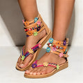 Ethnic floral beaded Roman sandals with round toe and artificial PU upper in suit colour