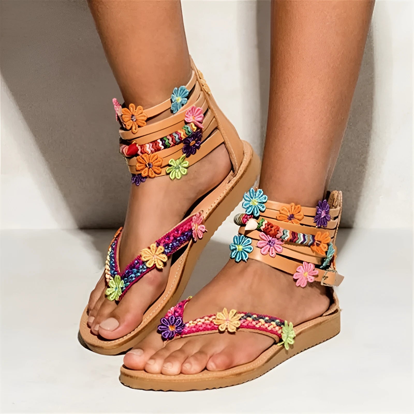 Ethnic floral beaded Roman sandals with round toe and artificial PU upper in suit colour