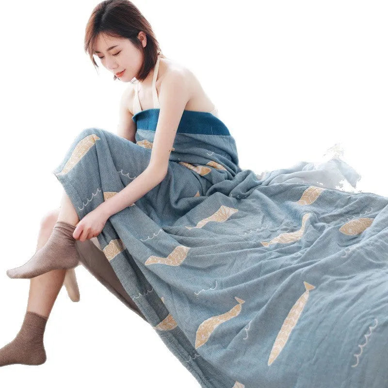 Five-layer pure cotton gauze bed blanket in modern simplicity style, shown in blue roulette wheel pattern.