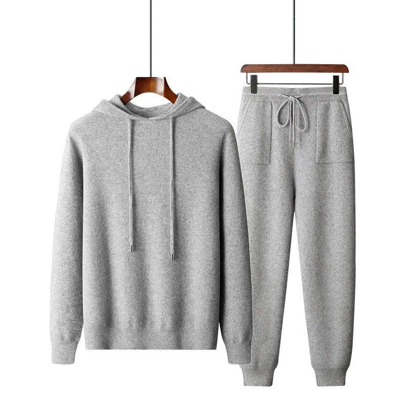 Men's grey cashmere hooded sweatshirt and matching pants set for winter casual wear