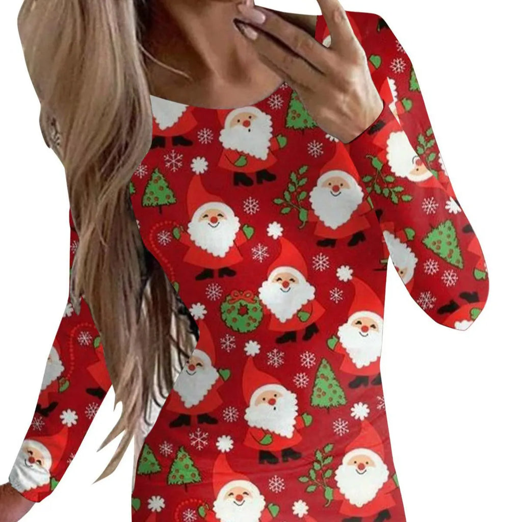 Printed Christmas dress with animal pattern and floral design, tight-fitting hip skirt with mid waist and long sleeves